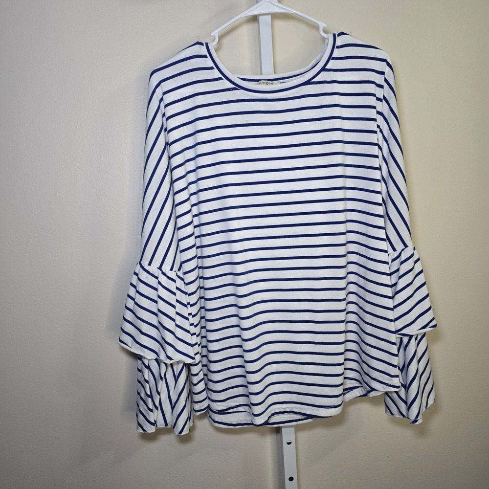 Umgee USA Women's Blue‎ Striped Long Sleeve Top with Ruffle Sleevess Sz L